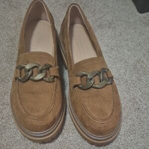 Penningtons Tan Suede Loafers with Gold Chain Accent